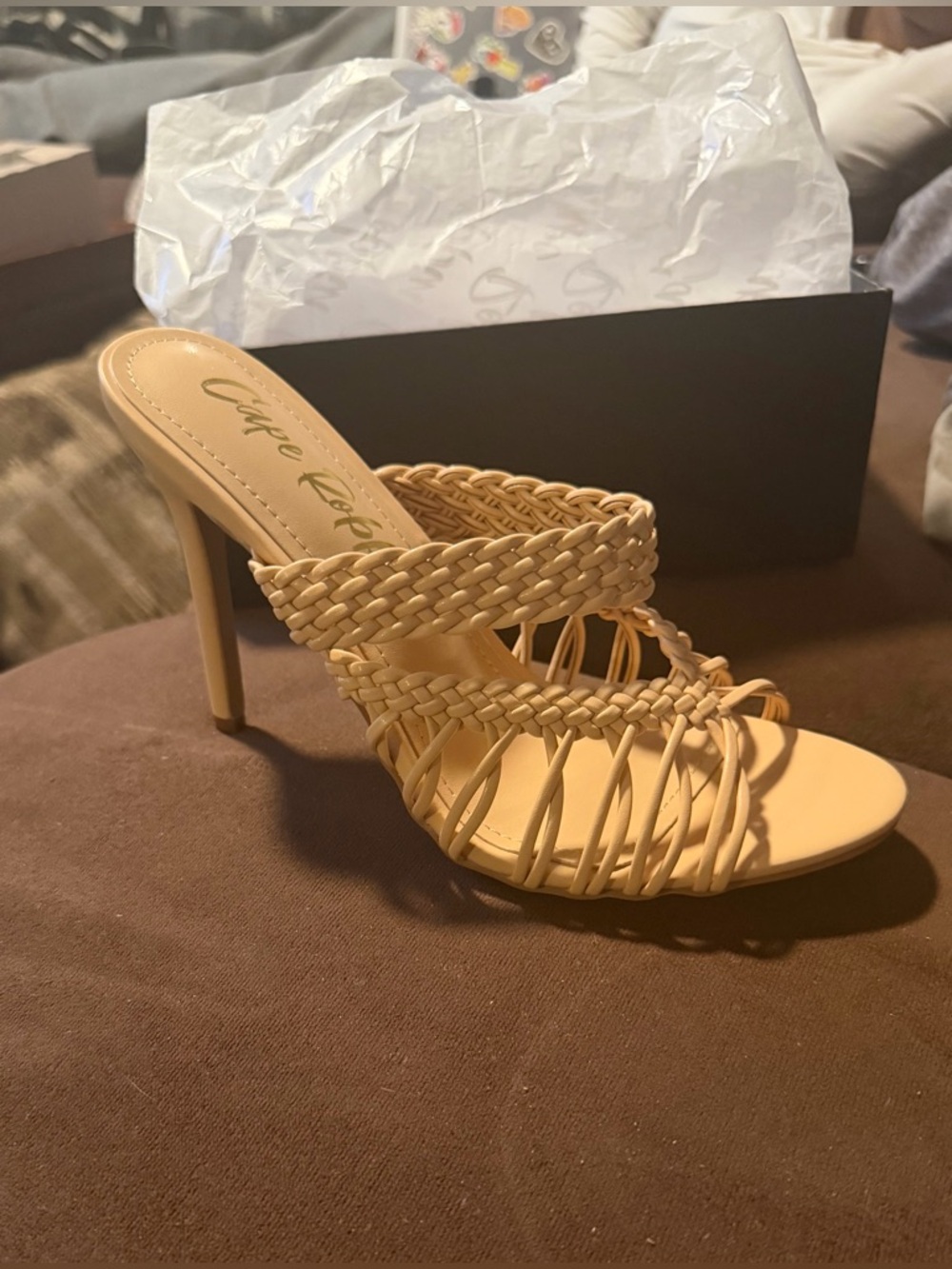 Cape Robbin Nude Strappy Braided Heels Slip On Sandals